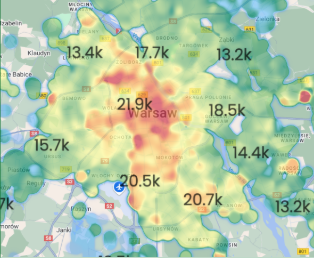 Heatmapa średnich cen nieruchomości w Warszawie